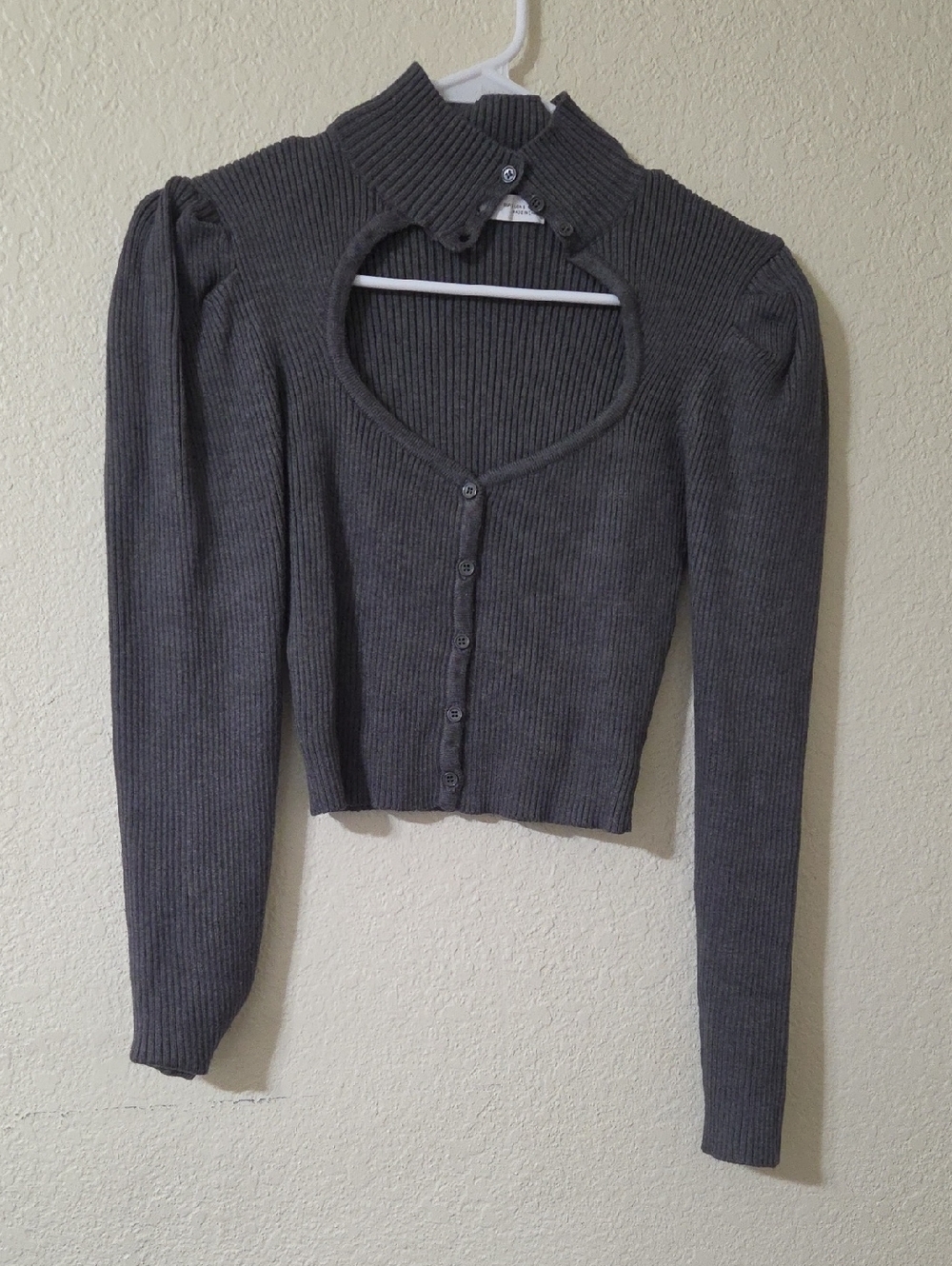 Zara Charcoal Gray Ribbed Heart Cutout Cardigan - Picture 1 of 7